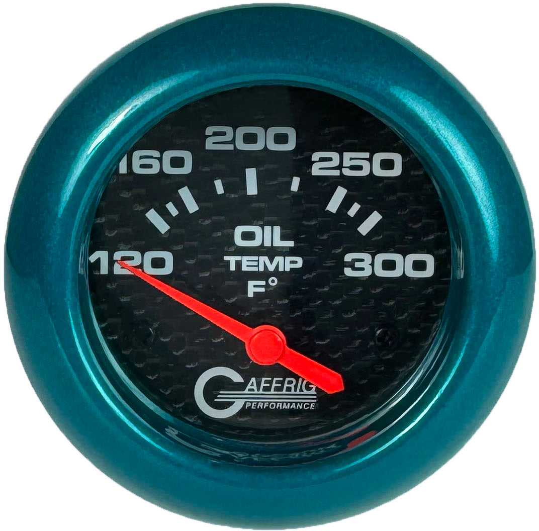 GAFFRIG PART #12003 2 5/8 INCH ELECTRIC OIL TEMP GAUGE 100-300 F CARBON FIBER - INCLS. SENDER & BUSHING KIT TEAL
