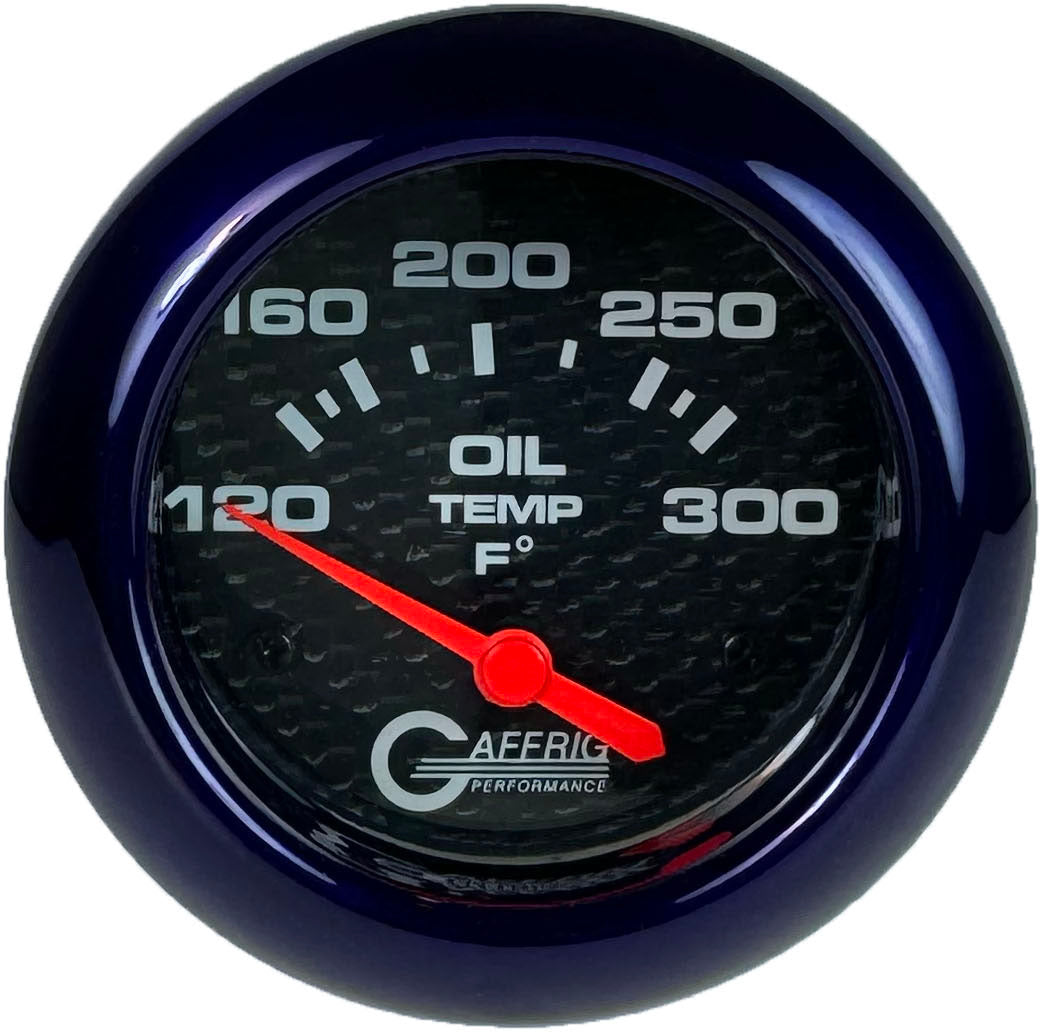 GAFFRIG PART #12003 2 5/8 INCH ELECTRIC OIL TEMP GAUGE 100-300 F CARBON FIBER - INCLS. SENDER & BUSHING KIT PURPLE