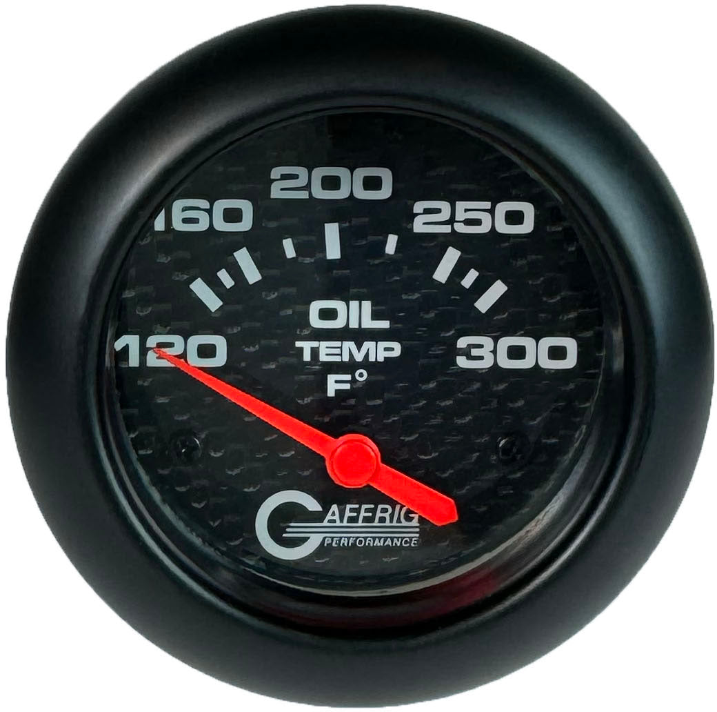 GAFFRIG PART #12003 2 5/8 INCH ELECTRIC OIL TEMP GAUGE 100-300 F CARBON FIBER - INCLS. SENDER & BUSHING KIT BLACK
