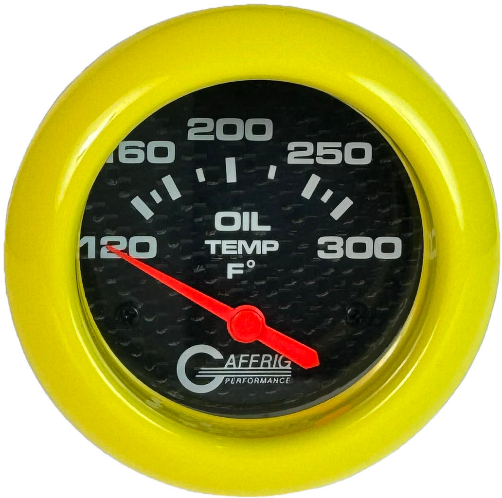 GAFFRIG PART #12003 2 5/8 INCH ELECTRIC OIL TEMP GAUGE 100-300 F CARBON FIBER - INCLS. SENDER & BUSHING KIT YELLOW