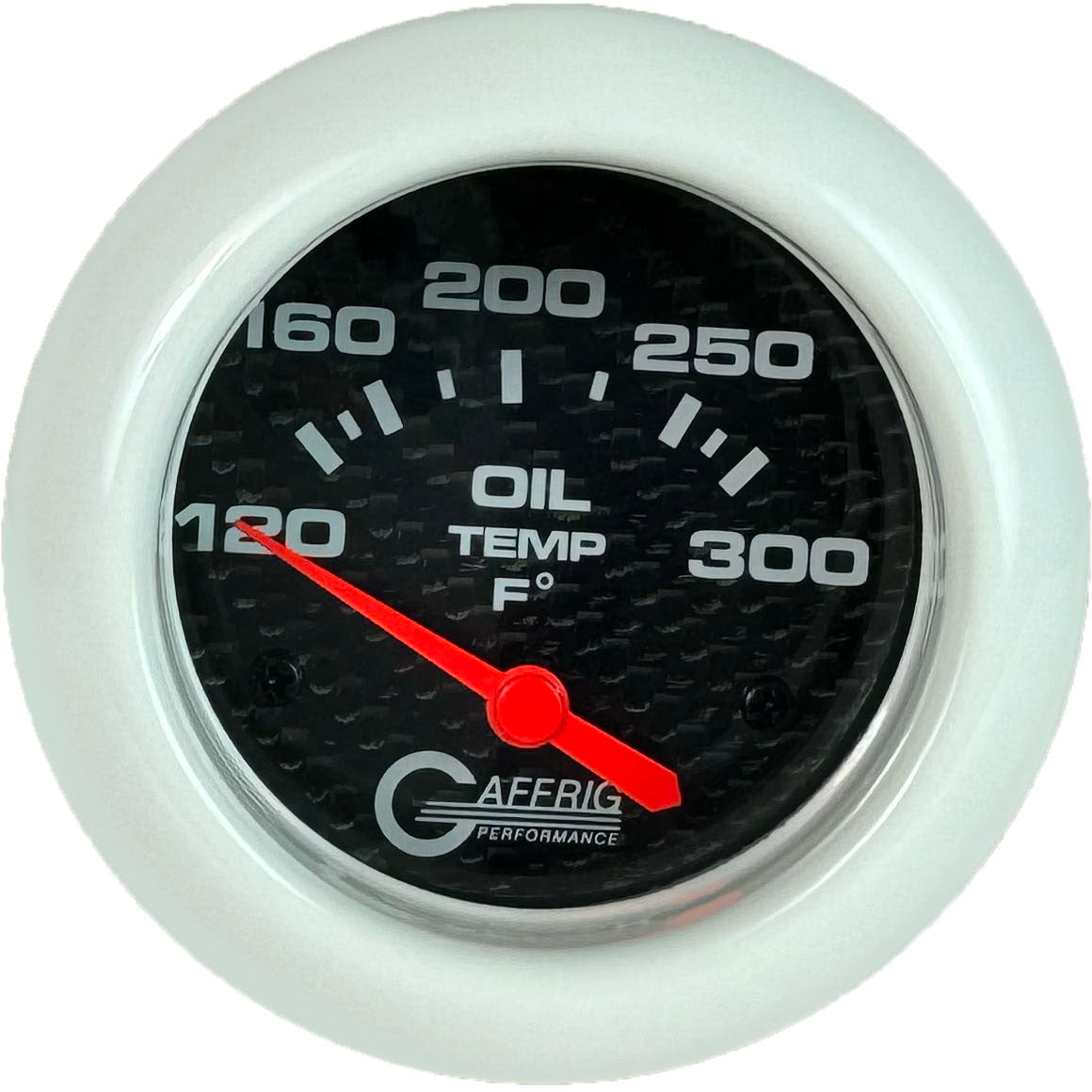 GAFFRIG PART #12003 2 5/8 INCH ELECTRIC OIL TEMP GAUGE 100-300 F CARBON FIBER - INCLS. SENDER & BUSHING KIT WHITE