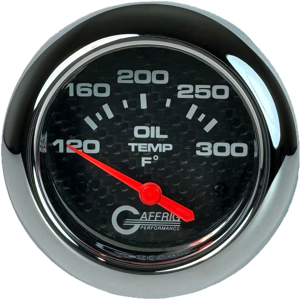 GAFFRIG PART #12003 2 5/8 INCH ELECTRIC OIL TEMP GAUGE 100-300 F CARBON FIBER - INCLS. SENDER & BUSHING KIT CHROME