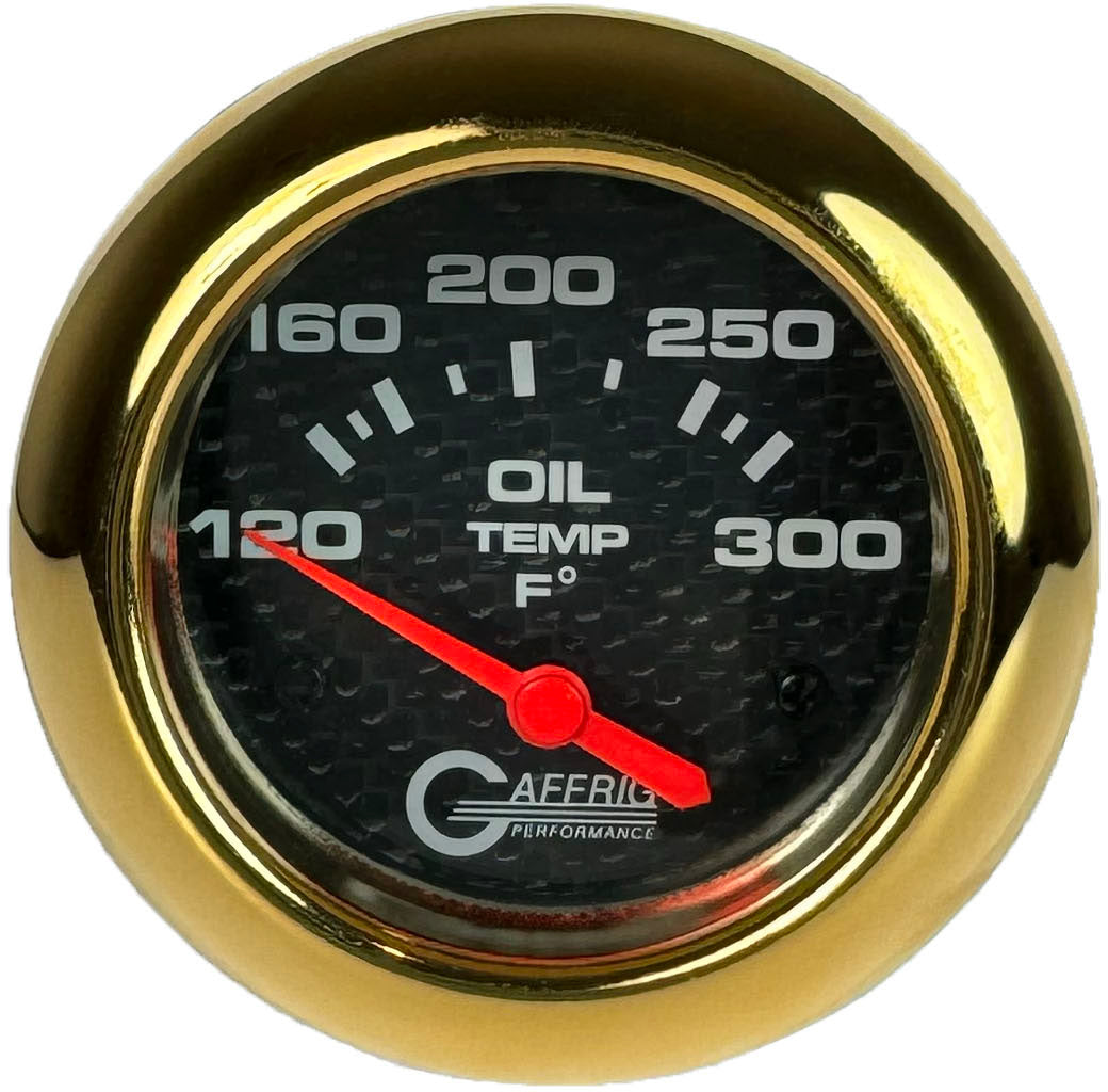 GAFFRIG PART #12003 2 5/8 INCH ELECTRIC OIL TEMP GAUGE 100-300 F CARBON FIBER - INCLS. SENDER & BUSHING KIT GOLD