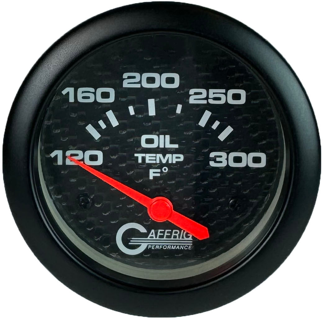 GAFFRIG PART #12003 2 5/8 INCH ELECTRIC OIL TEMP GAUGE 100-300 F CARBON FIBER - INCLS. SENDER & BUSHING KIT NO FAT RIM (STANDARD)