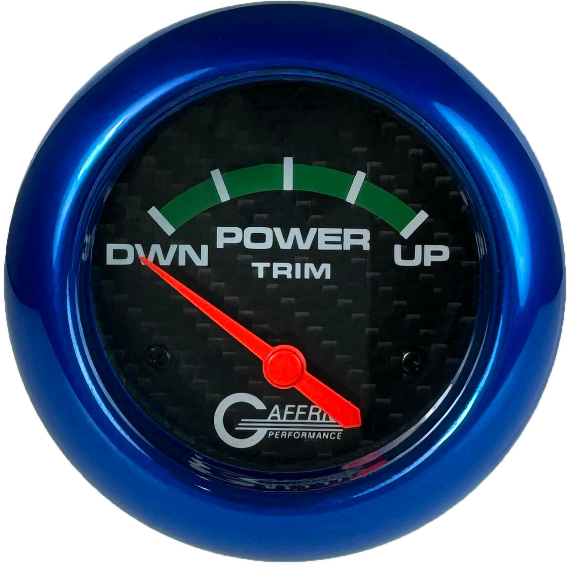 GAFFRIG PART #12004 2 5/8 INCH ELECTRIC TRIM METER GAUGE MERCURY CARBON FIBER BLUE