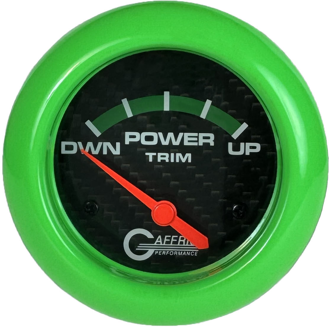 GAFFRIG PART #12004 2 5/8 INCH ELECTRIC TRIM METER GAUGE MERCURY CARBON FIBER LIME GREEN