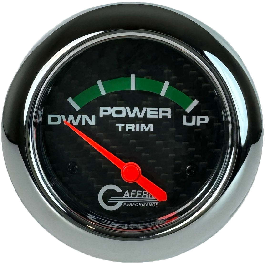 GAFFRIG PART #12004 2 5/8 INCH ELECTRIC TRIM METER GAUGE MERCURY CARBON FIBER CHROME