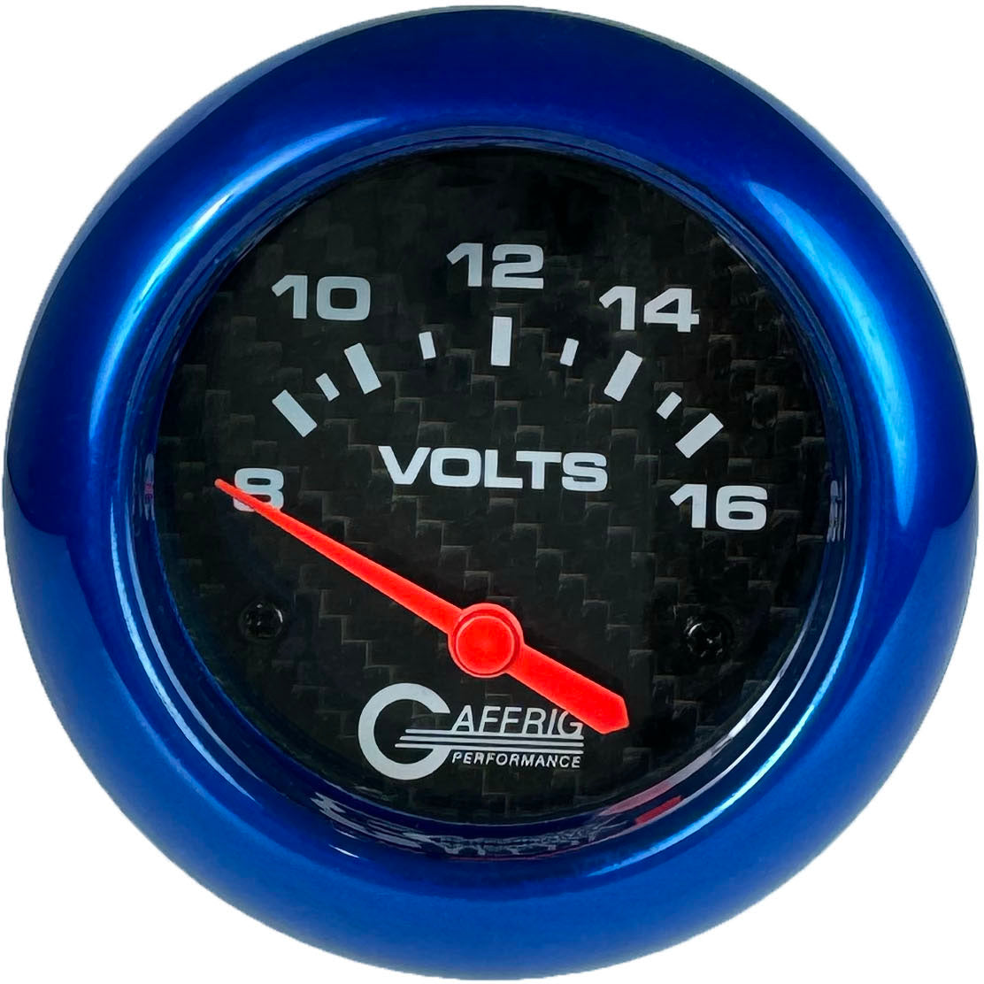 GAFFRIG PART #12005 2 5/8 INCH ELECTRIC VOLTMETER GAUGE 8-16V CARBON FIBER BLUE