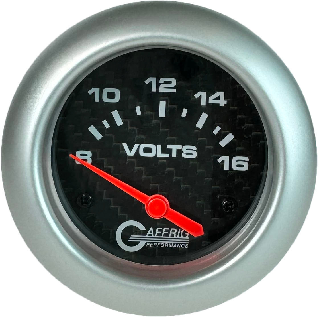 GAFFRIG PART #12005 2 5/8 INCH ELECTRIC VOLTMETER GAUGE 8-16V CARBON FIBER PLATINUM