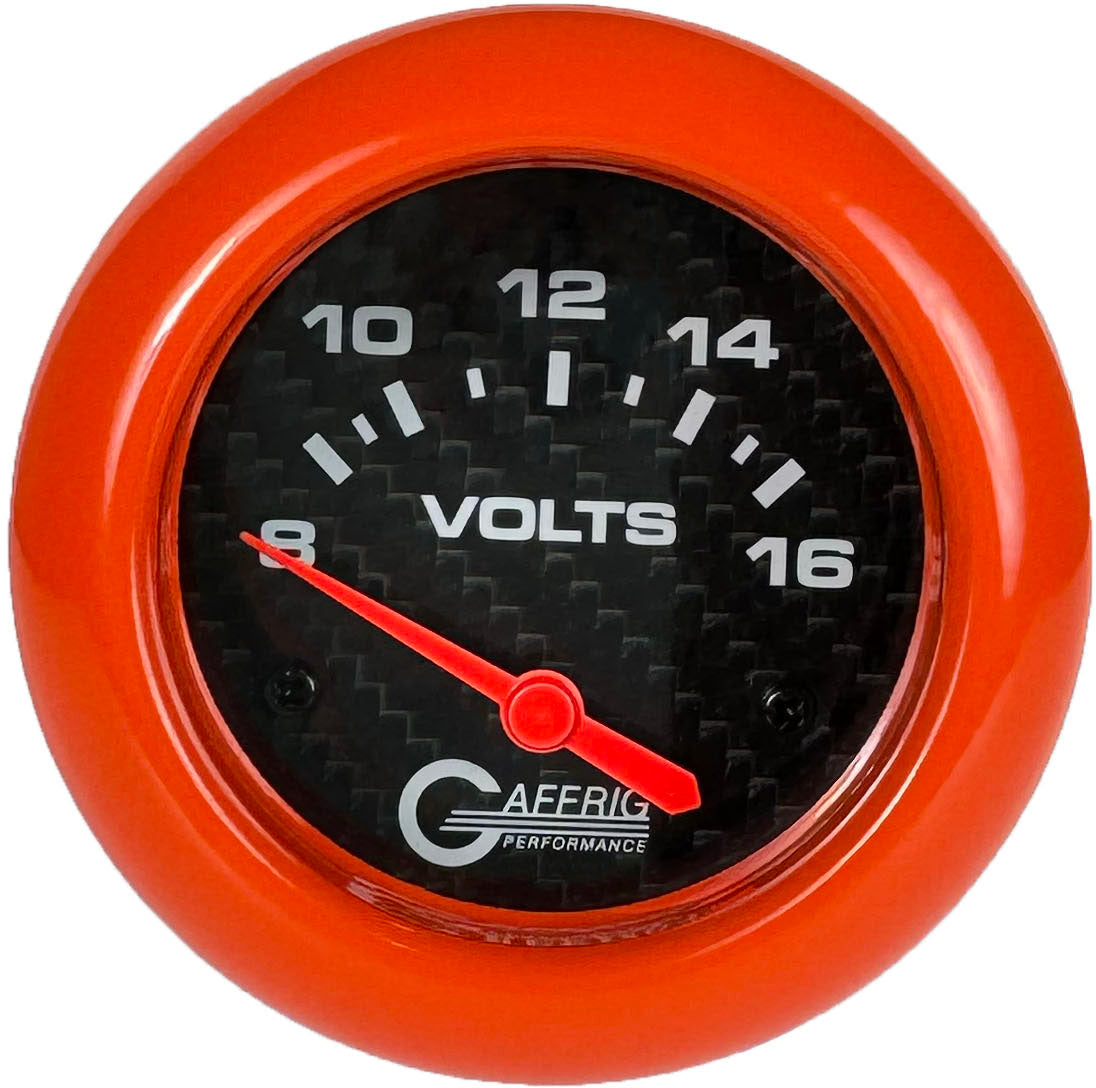 GAFFRIG PART #12005 2 5/8 INCH ELECTRIC VOLTMETER GAUGE 8-16V CARBON FIBER ORANGE