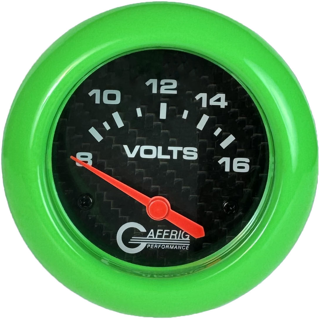GAFFRIG PART #12005 2 5/8 INCH ELECTRIC VOLTMETER GAUGE 8-16V CARBON FIBER LIME GREEN