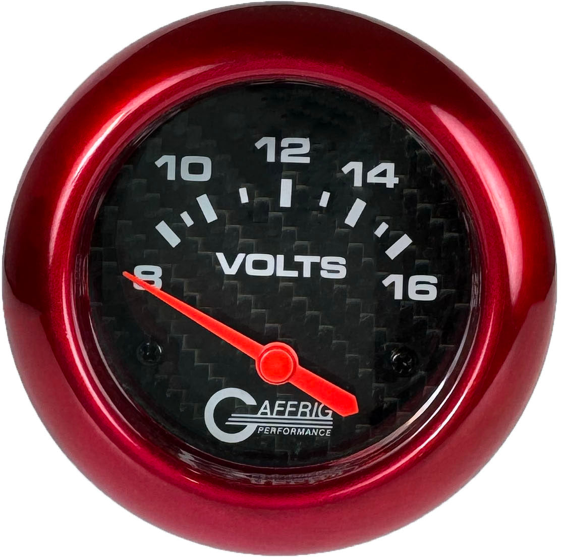 GAFFRIG PART #12005 2 5/8 INCH ELECTRIC VOLTMETER GAUGE 8-16V CARBON FIBER RED