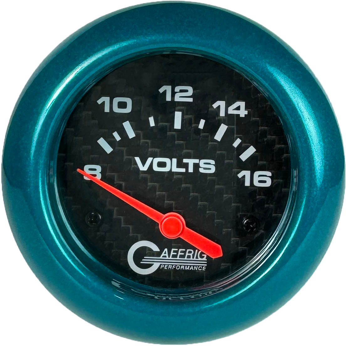 GAFFRIG PART #12005 2 5/8 INCH ELECTRIC VOLTMETER GAUGE 8-16V CARBON FIBER TEAL