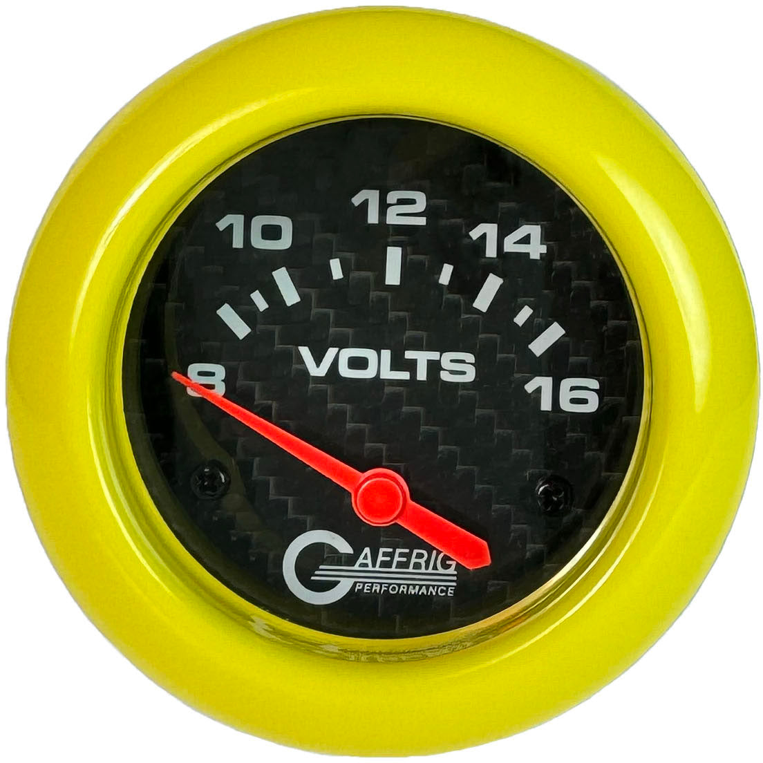 GAFFRIG PART #12005 2 5/8 INCH ELECTRIC VOLTMETER GAUGE 8-16V CARBON FIBER YELLOW