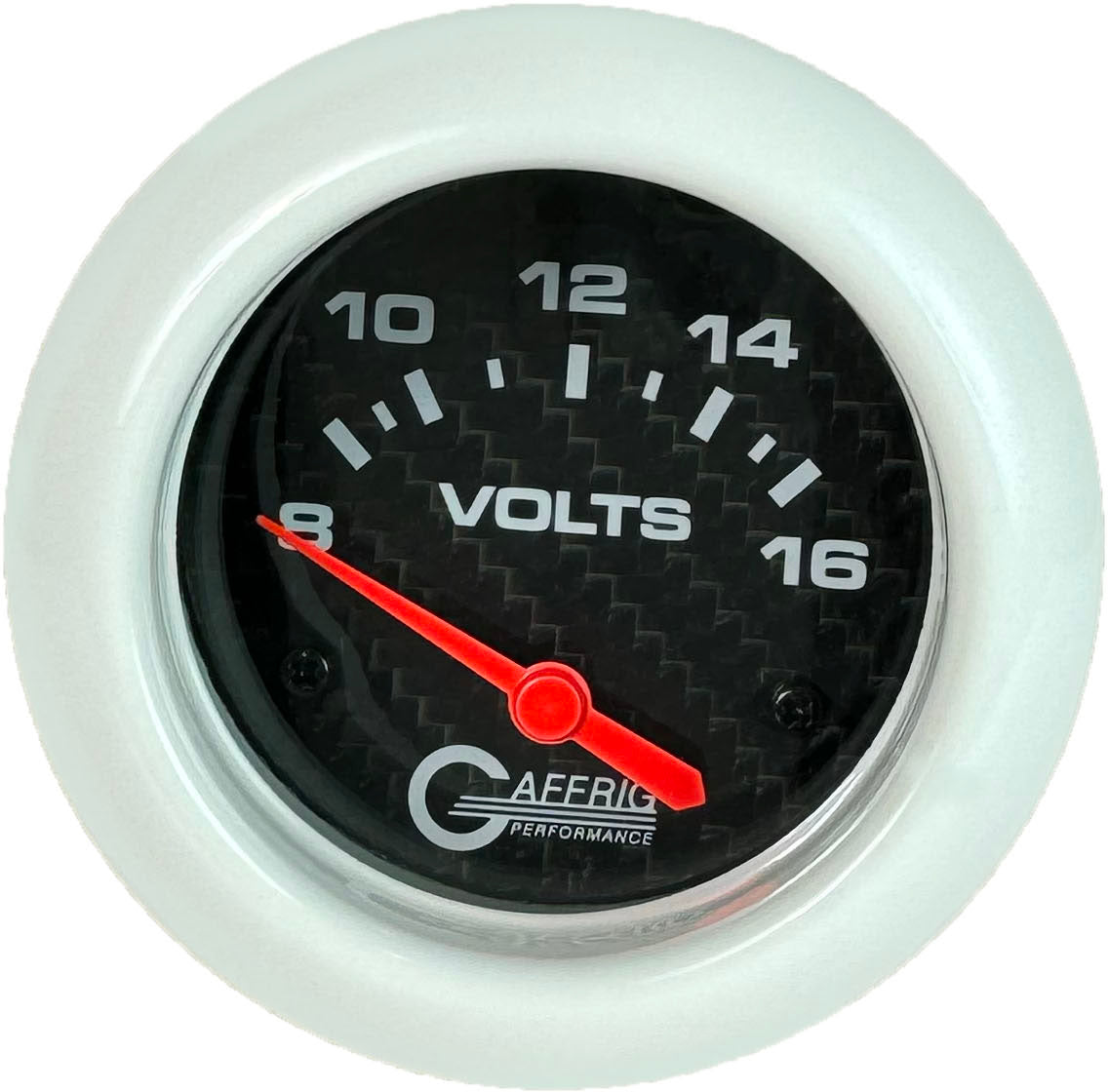 GAFFRIG PART #12005 2 5/8 INCH ELECTRIC VOLTMETER GAUGE 8-16V CARBON FIBER WHITE