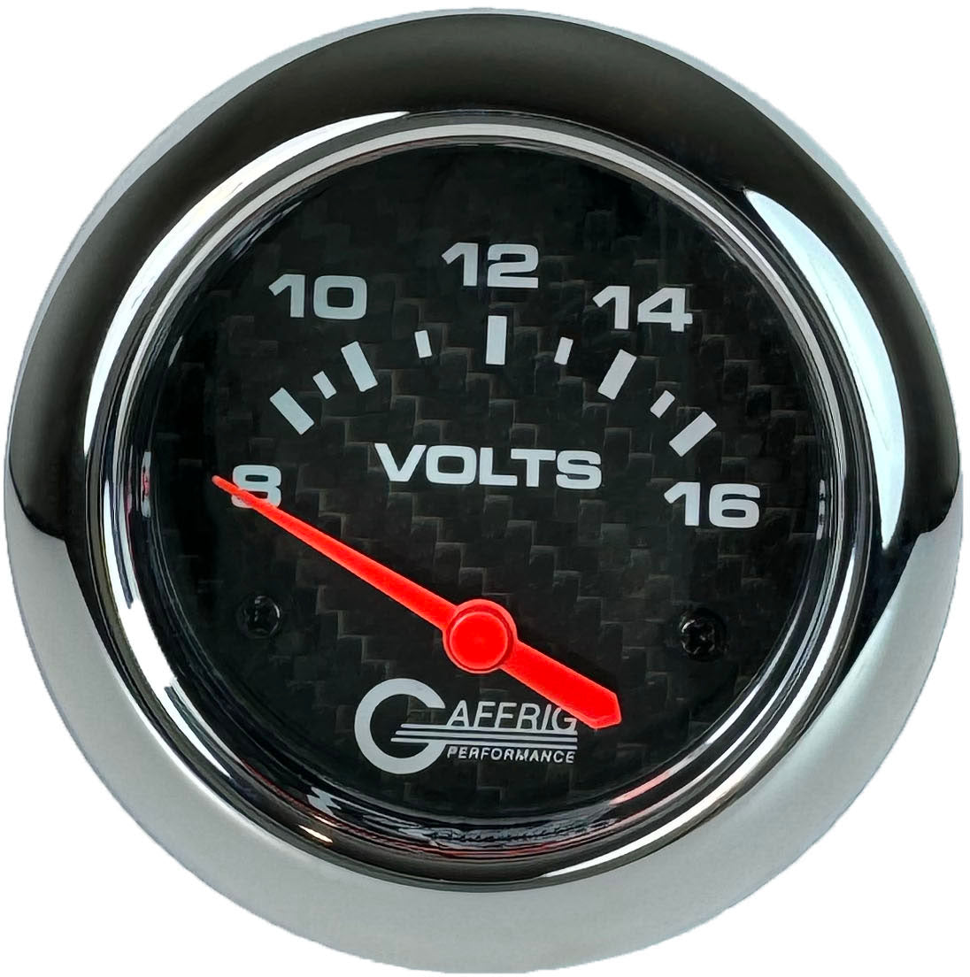 GAFFRIG PART #12005 2 5/8 INCH ELECTRIC VOLTMETER GAUGE 8-16V CARBON FIBER CHROME