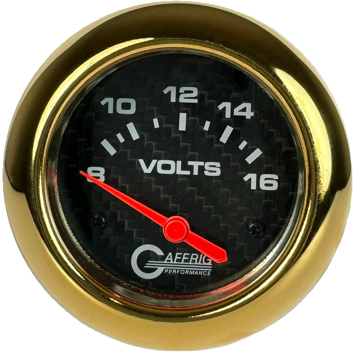 GAFFRIG PART #12005 2 5/8 INCH ELECTRIC VOLTMETER GAUGE 8-16V CARBON FIBER GOLD