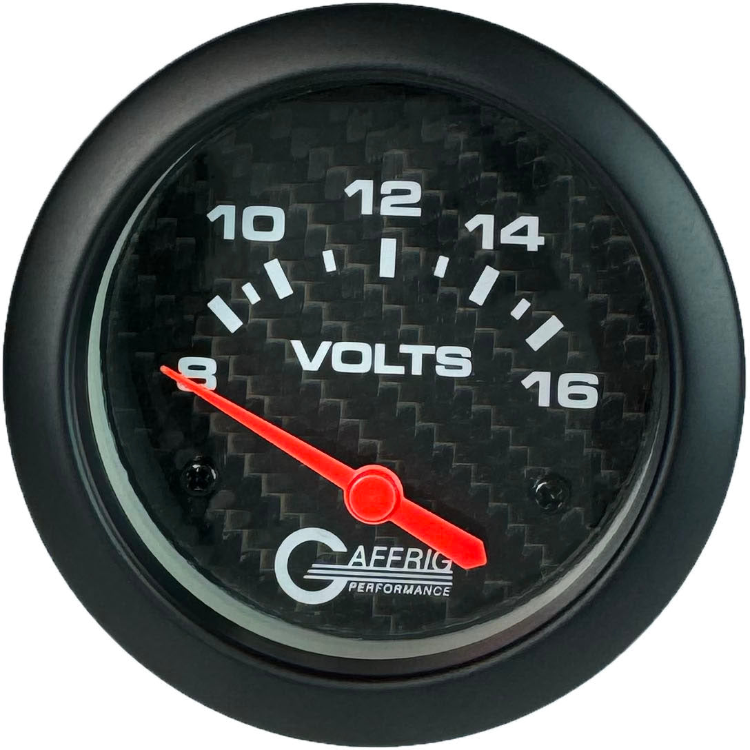 GAFFRIG PART #12005 2 5/8 INCH ELECTRIC VOLTMETER GAUGE 8-16V CARBON FIBER NO FAT RIM (STANDARD)