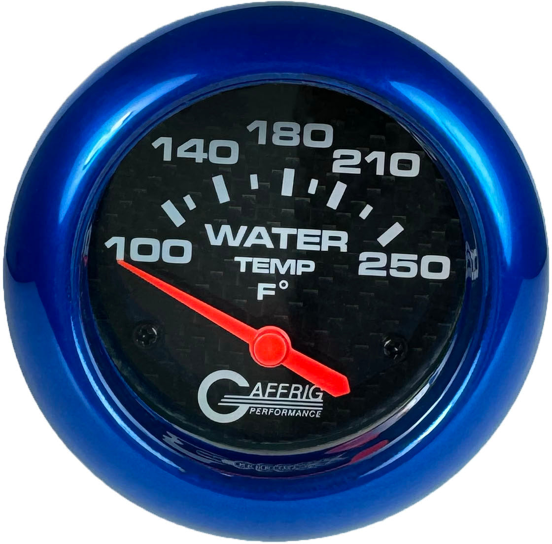 GAFFRIG PART #12006 2 5/8 INCH ELECTRIC WATER TEMP 100-250 F CARBON FIBER - W/SENDER & BUSHING KIT BLUE