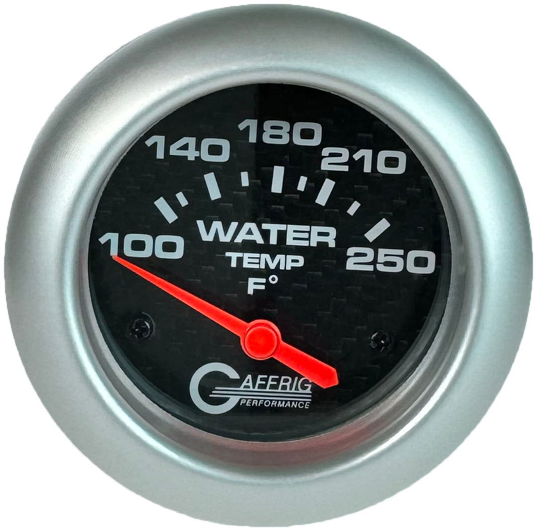 GAFFRIG PART #12006 2 5/8 INCH ELECTRIC WATER TEMP 100-250 F CARBON FIBER - W/SENDER & BUSHING KIT PLATINUM