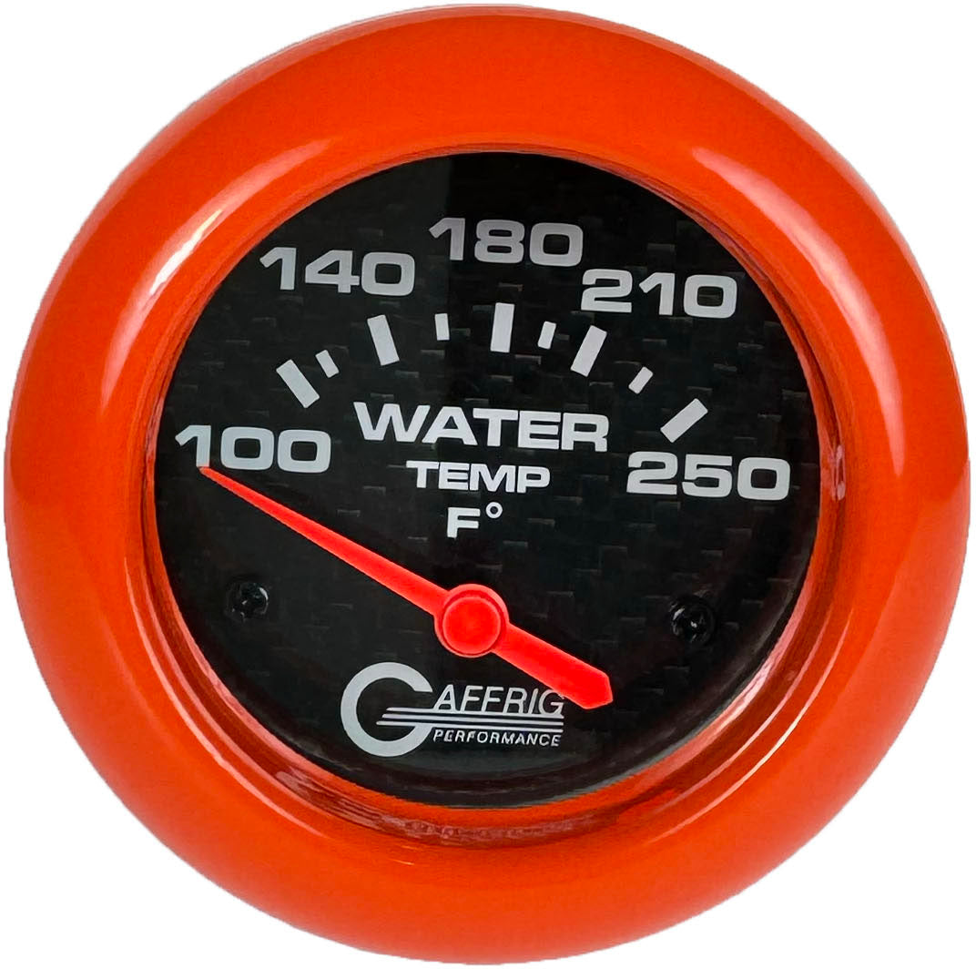 GAFFRIG PART #12006 2 5/8 INCH ELECTRIC WATER TEMP 100-250 F CARBON FIBER - W/SENDER & BUSHING KIT ORANGE