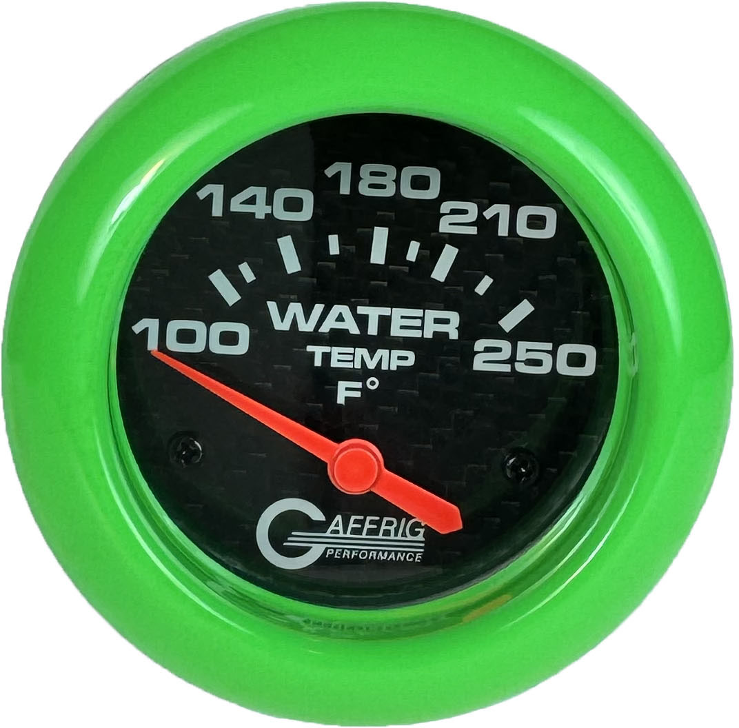 GAFFRIG PART #12006 2 5/8 INCH ELECTRIC WATER TEMP 100-250 F CARBON FIBER - W/SENDER & BUSHING KIT LIME GREEN