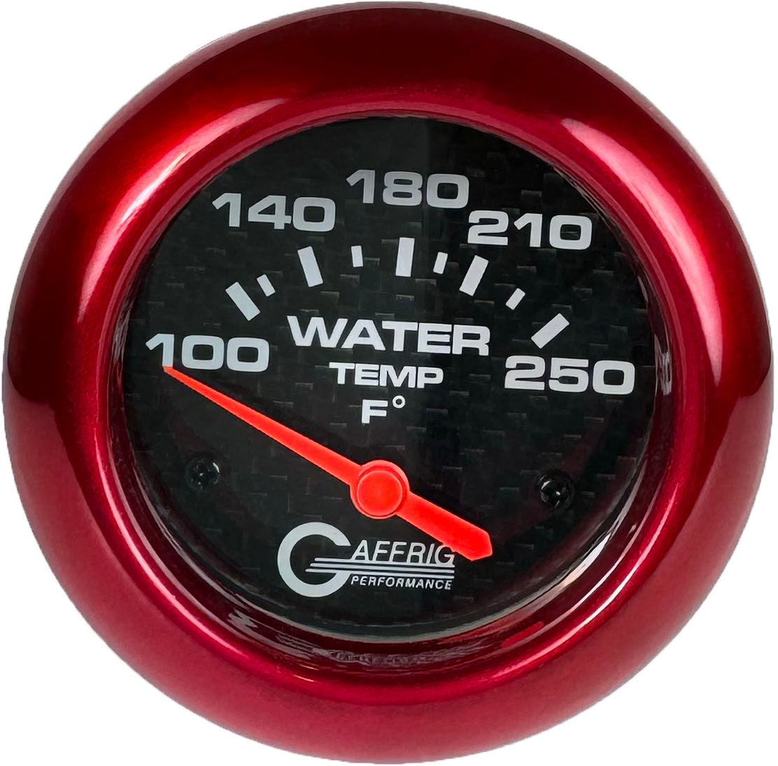 GAFFRIG PART #12006 2 5/8 INCH ELECTRIC WATER TEMP 100-250 F CARBON FIBER - W/SENDER & BUSHING KIT RED