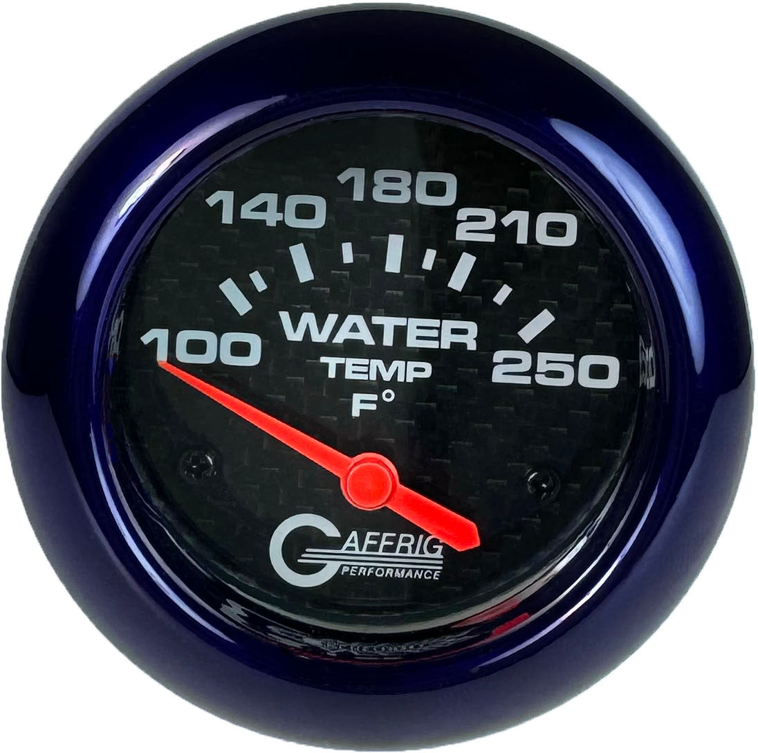GAFFRIG PART #12006 2 5/8 INCH ELECTRIC WATER TEMP 100-250 F CARBON FIBER - W/SENDER & BUSHING KIT PURPLE