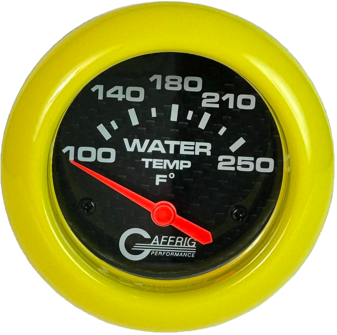 GAFFRIG PART #12006 2 5/8 INCH ELECTRIC WATER TEMP 100-250 F CARBON FIBER - W/SENDER & BUSHING KIT YELLOW