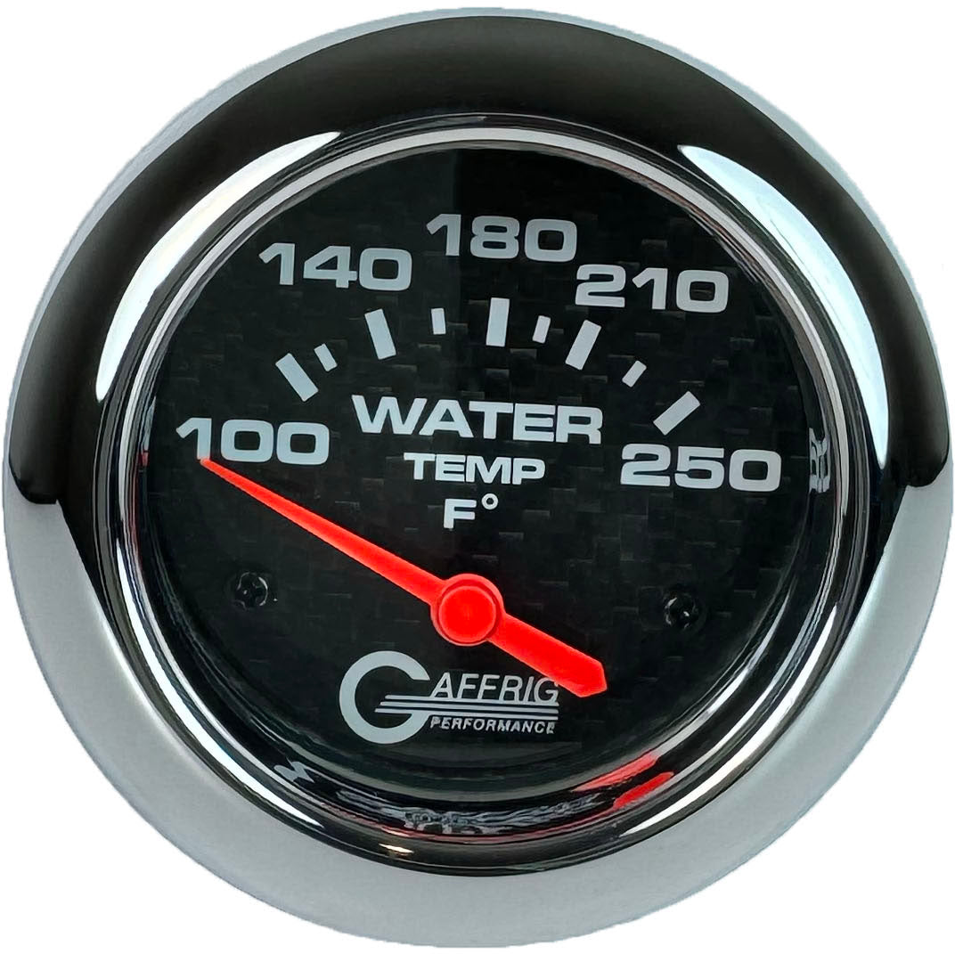 GAFFRIG PART #12006 2 5/8 INCH ELECTRIC WATER TEMP 100-250 F CARBON FIBER - W/SENDER & BUSHING KIT CHROME