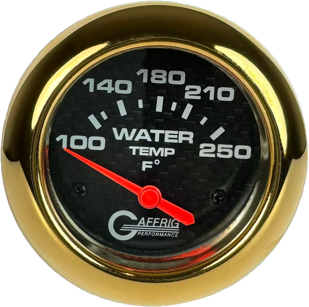 GAFFRIG PART #12006 2 5/8 INCH ELECTRIC WATER TEMP 100-250 F CARBON FIBER - W/SENDER & BUSHING KIT GOLD