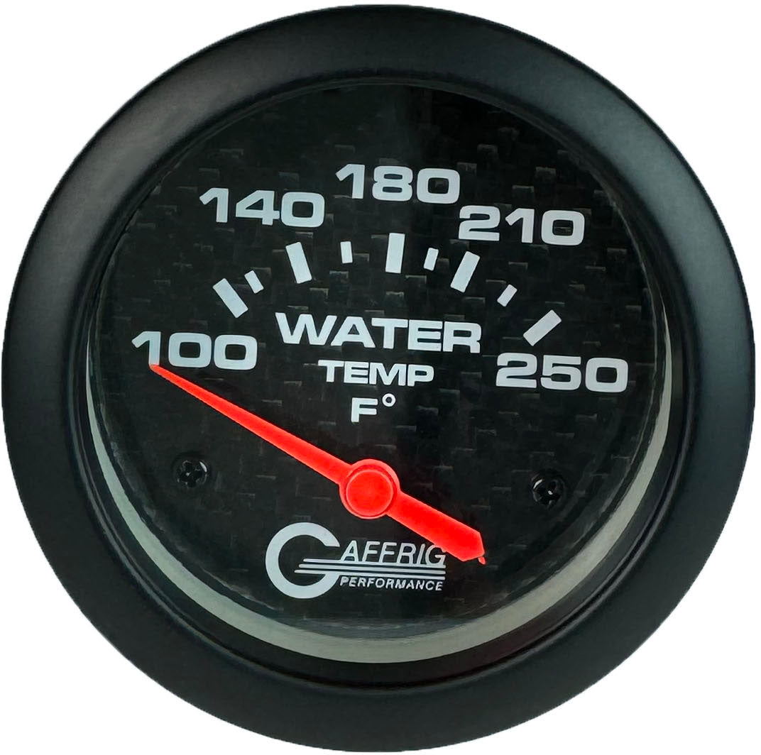 GAFFRIG PART #12006 2 5/8 INCH ELECTRIC WATER TEMP 100-250 F CARBON FIBER - W/SENDER & BUSHING KIT NO FAT RIM (STANDARD)