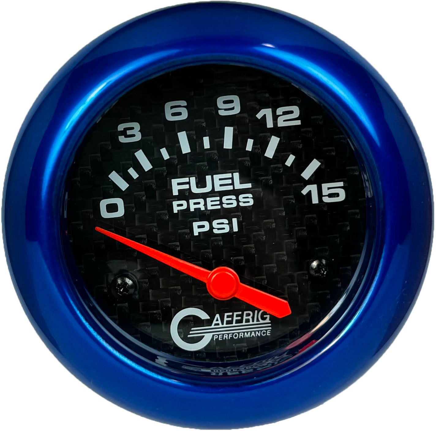 GAFFRIG PART #12007 2 5/8 INCH ELECTRIC FUEL PRESSURE GAUGE 0-15 PSI CARBON FIBER - INCLUDES SENDER BLUE