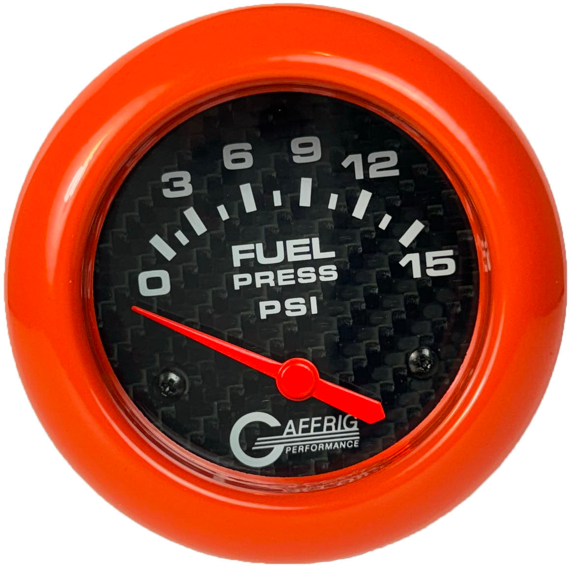 GAFFRIG PART #12007 2 5/8 INCH ELECTRIC FUEL PRESSURE GAUGE 0-15 PSI CARBON FIBER - INCLUDES SENDER ORANGE