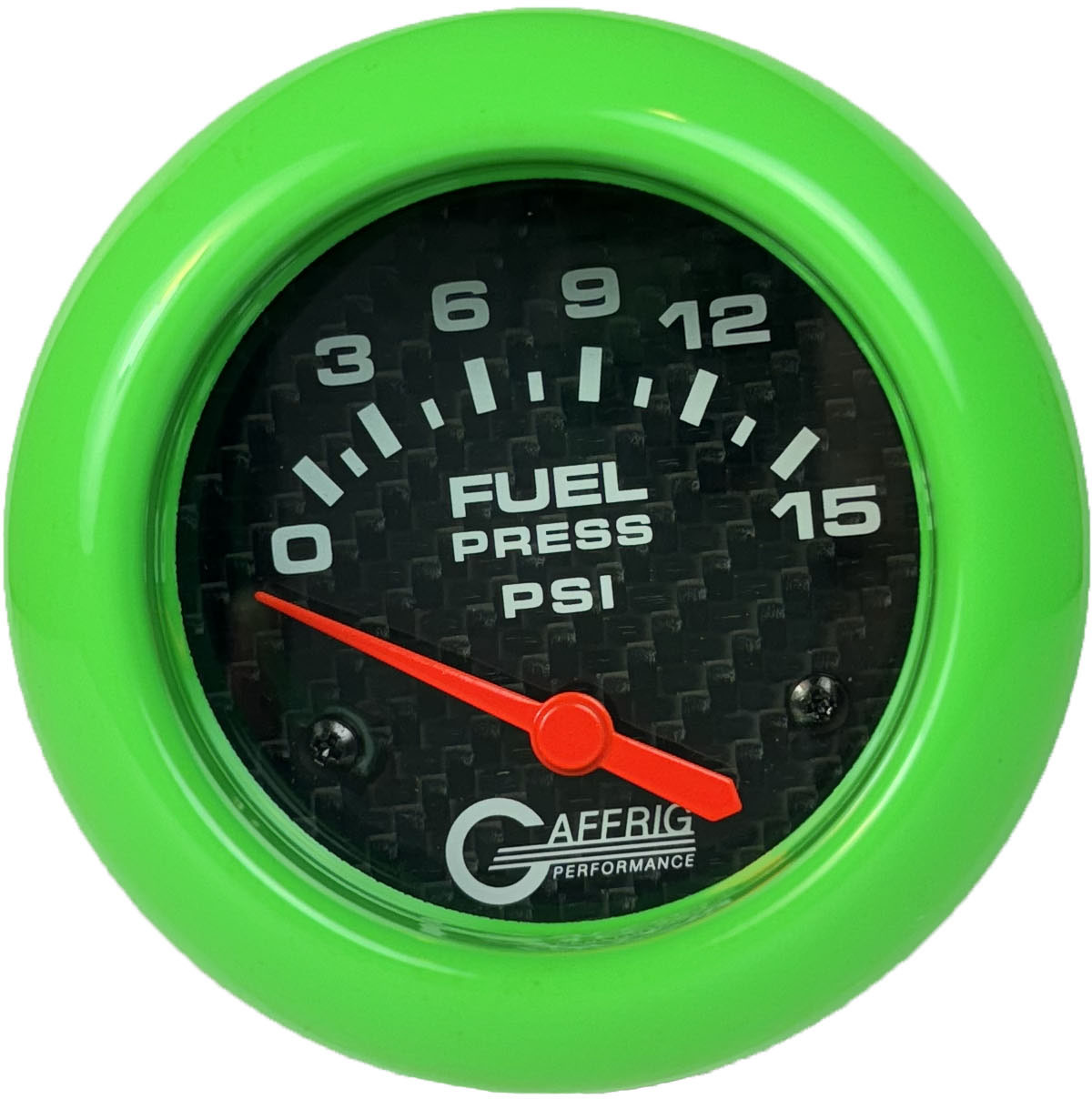 GAFFRIG PART #12007 2 5/8 INCH ELECTRIC FUEL PRESSURE GAUGE 0-15 PSI CARBON FIBER - INCLUDES SENDER LIME GREEN