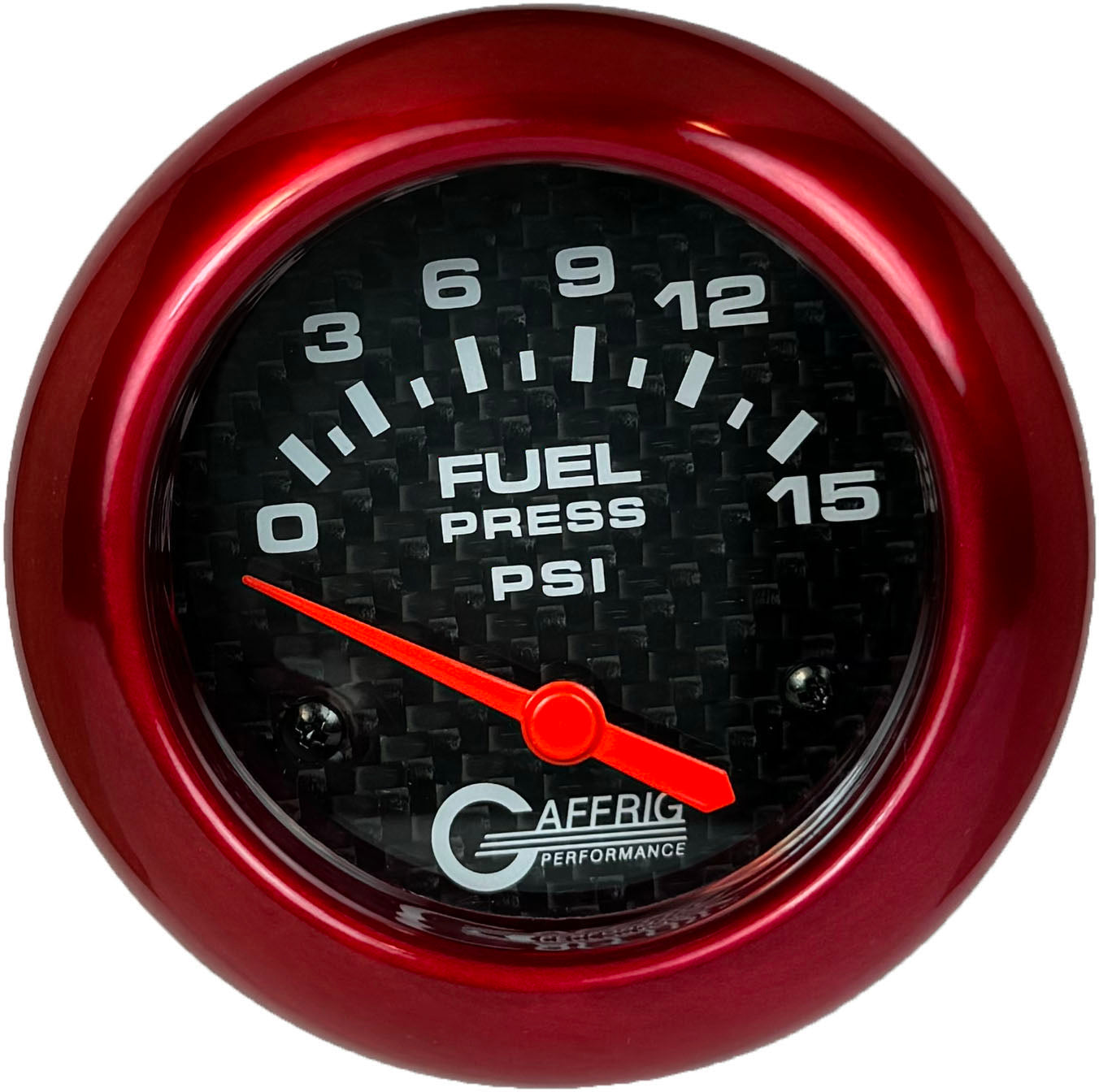 GAFFRIG PART #12007 2 5/8 INCH ELECTRIC FUEL PRESSURE GAUGE 0-15 PSI CARBON FIBER - INCLUDES SENDER RED