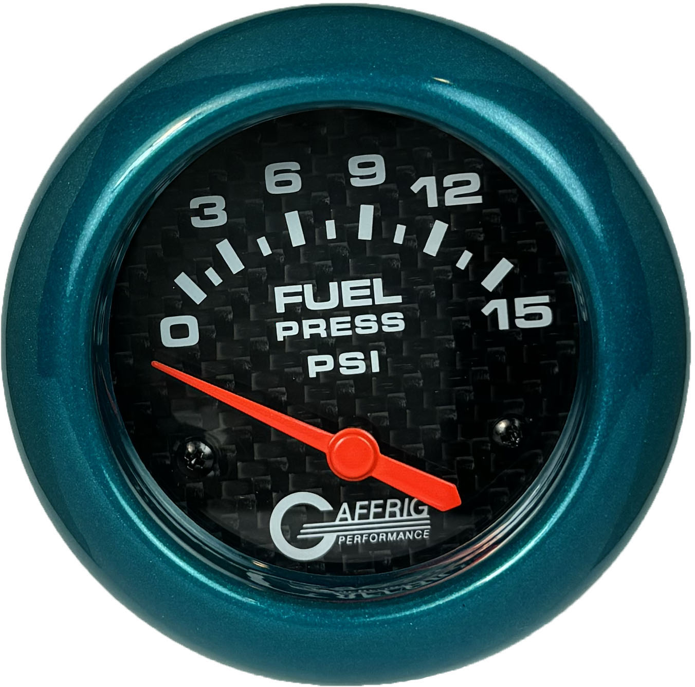 GAFFRIG PART #12007 2 5/8 INCH ELECTRIC FUEL PRESSURE GAUGE 0-15 PSI CARBON FIBER - INCLUDES SENDER TEAL