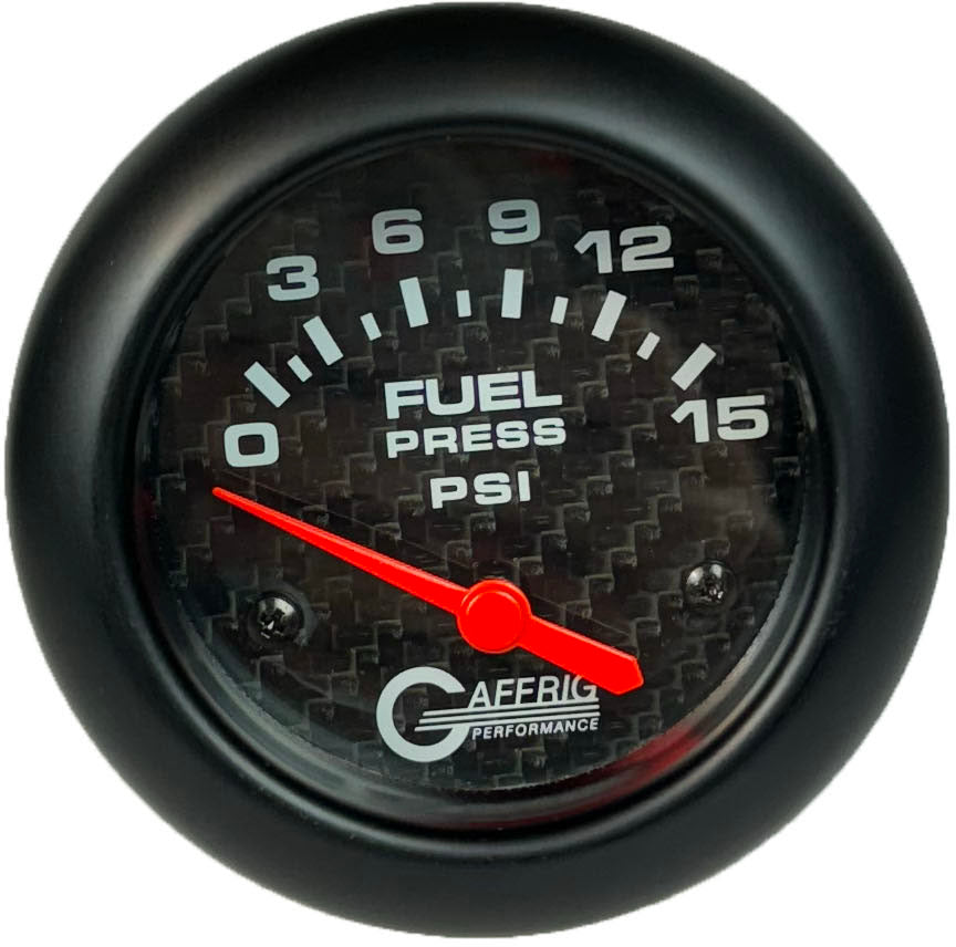 GAFFRIG PART #12007 2 5/8 INCH ELECTRIC FUEL PRESSURE GAUGE 0-15 PSI CARBON FIBER - INCLUDES SENDER BLACK