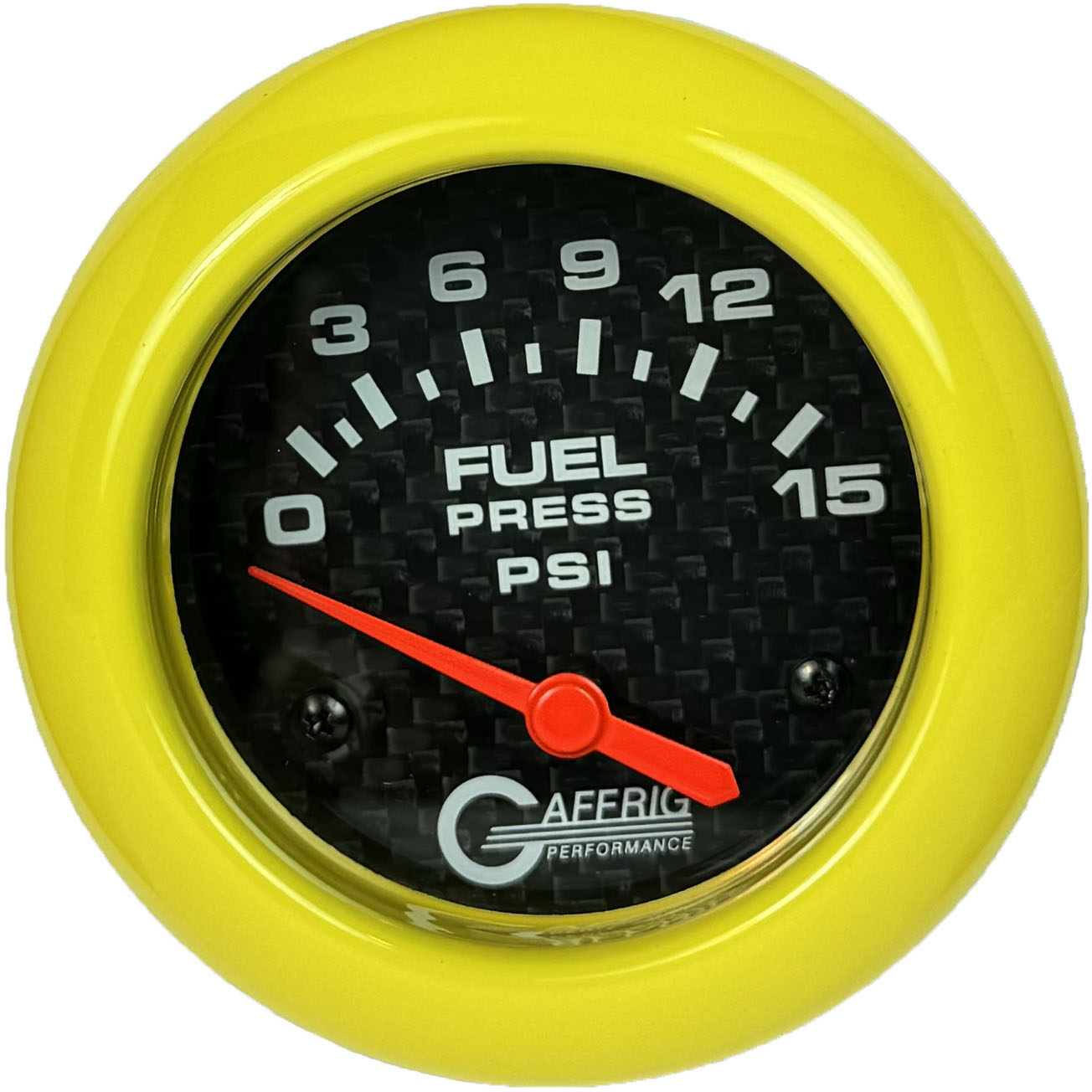 GAFFRIG PART #12007 2 5/8 INCH ELECTRIC FUEL PRESSURE GAUGE 0-15 PSI CARBON FIBER - INCLUDES SENDER YELLOW