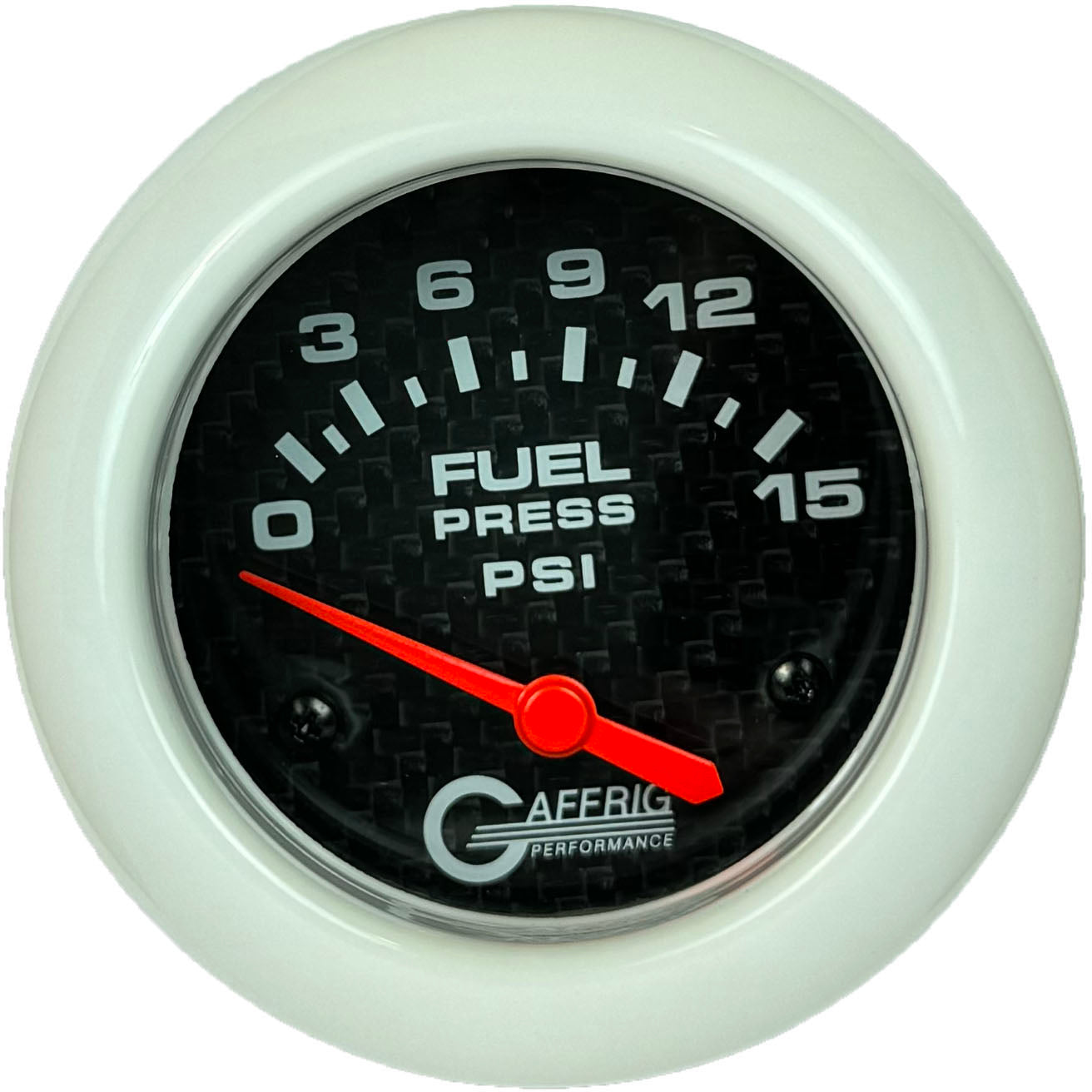 GAFFRIG PART #12007 2 5/8 INCH ELECTRIC FUEL PRESSURE GAUGE 0-15 PSI CARBON FIBER - INCLUDES SENDER WHITE