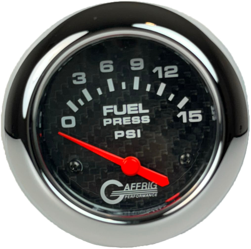 GAFFRIG PART #12007 2 5/8 INCH ELECTRIC FUEL PRESSURE GAUGE 0-15 PSI CARBON FIBER - INCLUDES SENDER CHROME
