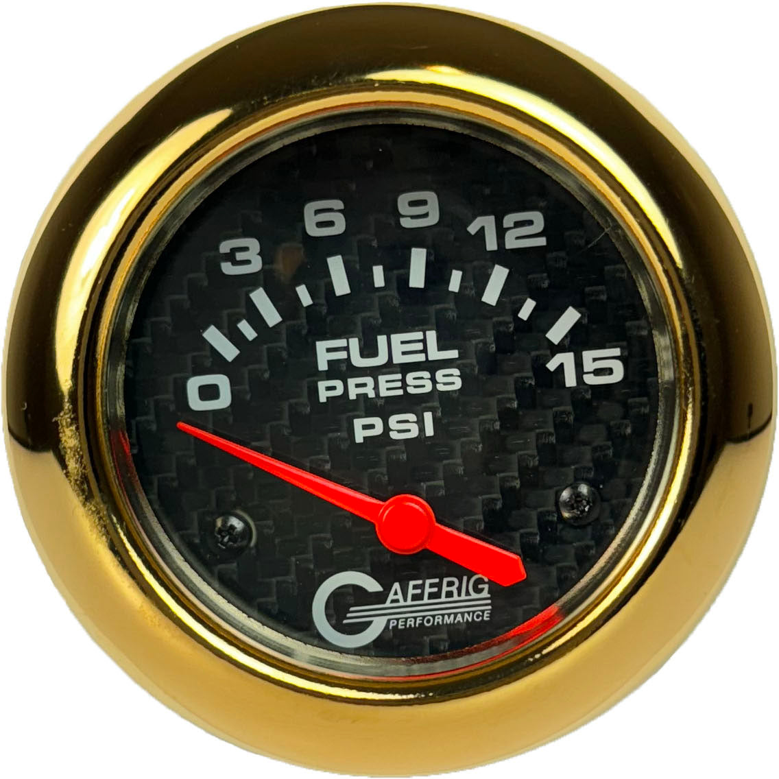 GAFFRIG PART #12007 2 5/8 INCH ELECTRIC FUEL PRESSURE GAUGE 0-15 PSI CARBON FIBER - INCLUDES SENDER GOLD