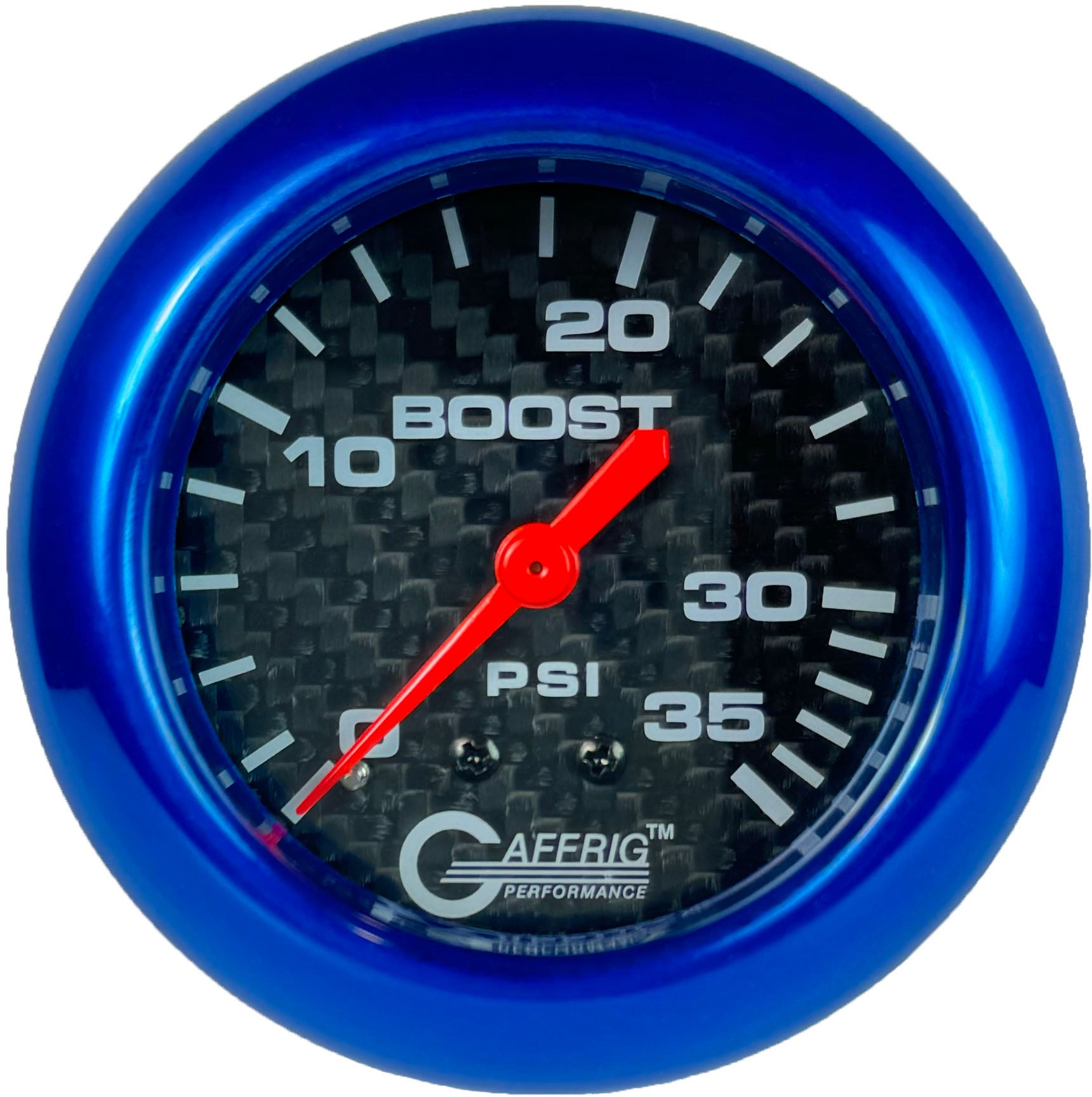 GAFFRIG PART #12010 2 5/8 INCH MECHANICAL BOOST GAUGE 0-35 PSI CARBON FIBER BLUE
