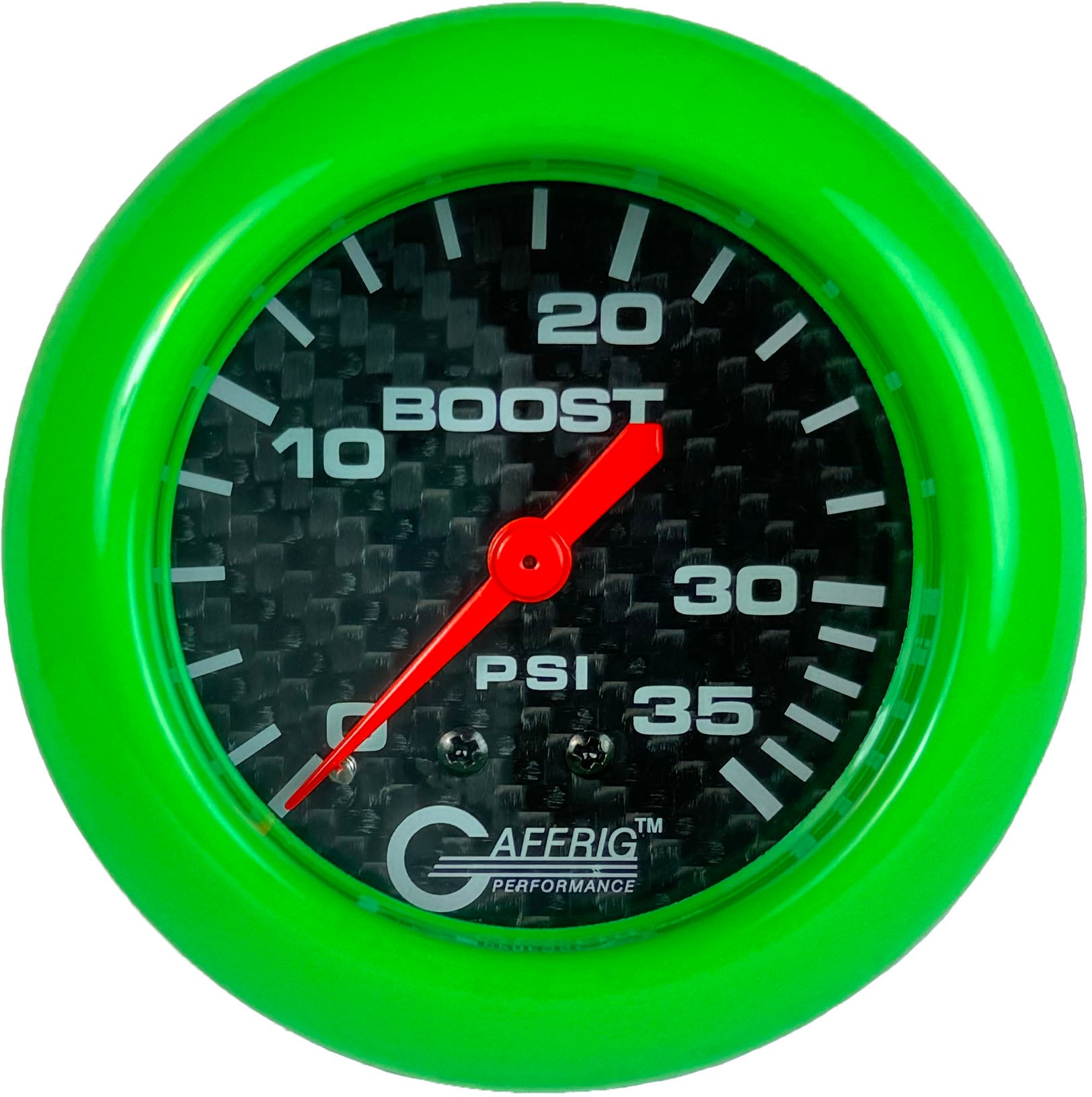 GAFFRIG PART #12010 2 5/8 INCH MECHANICAL BOOST GAUGE 0-35 PSI CARBON FIBER LIME GREEN