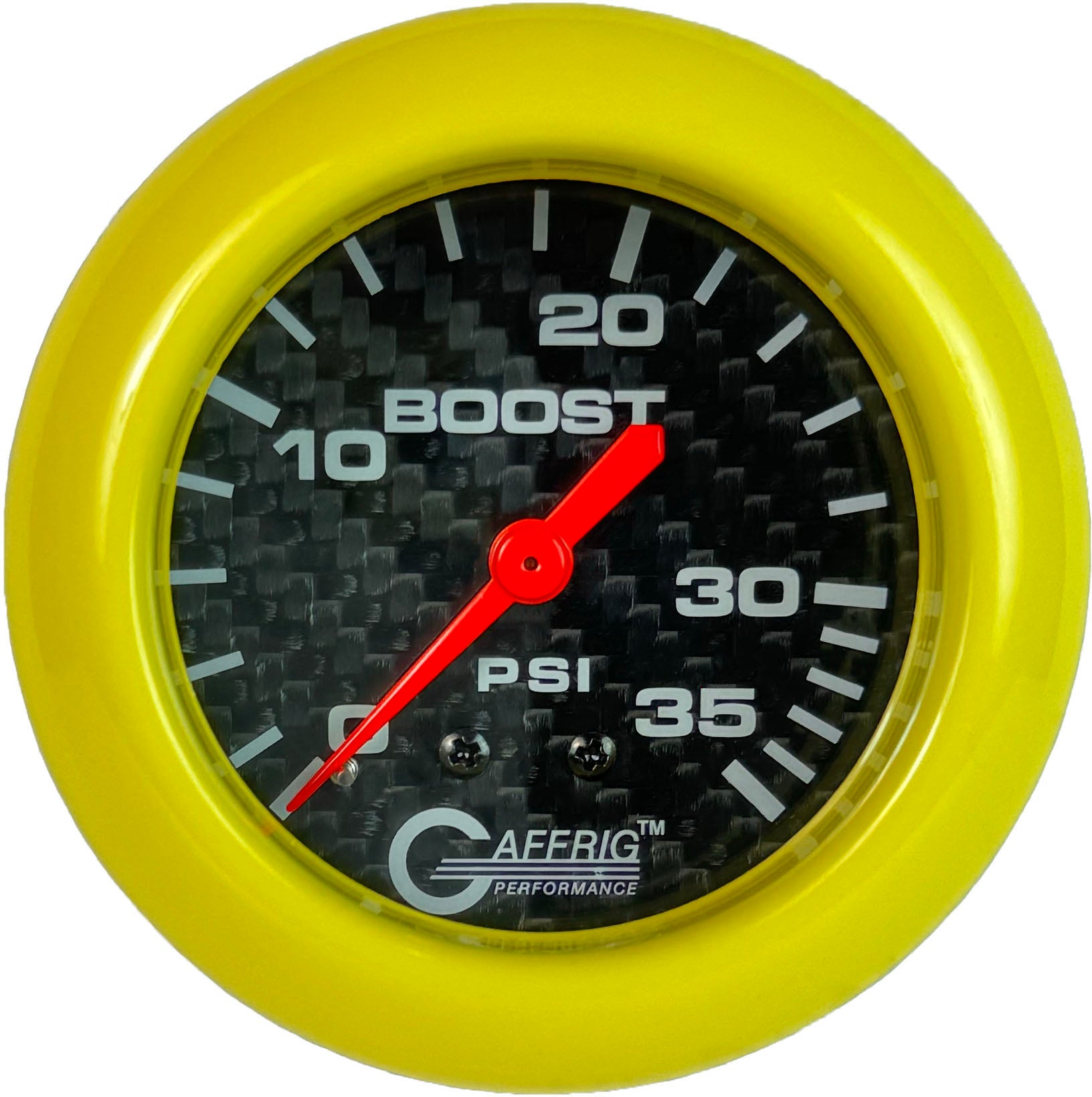 GAFFRIG PART #12010 2 5/8 INCH MECHANICAL BOOST GAUGE 0-35 PSI CARBON FIBER YELLOW