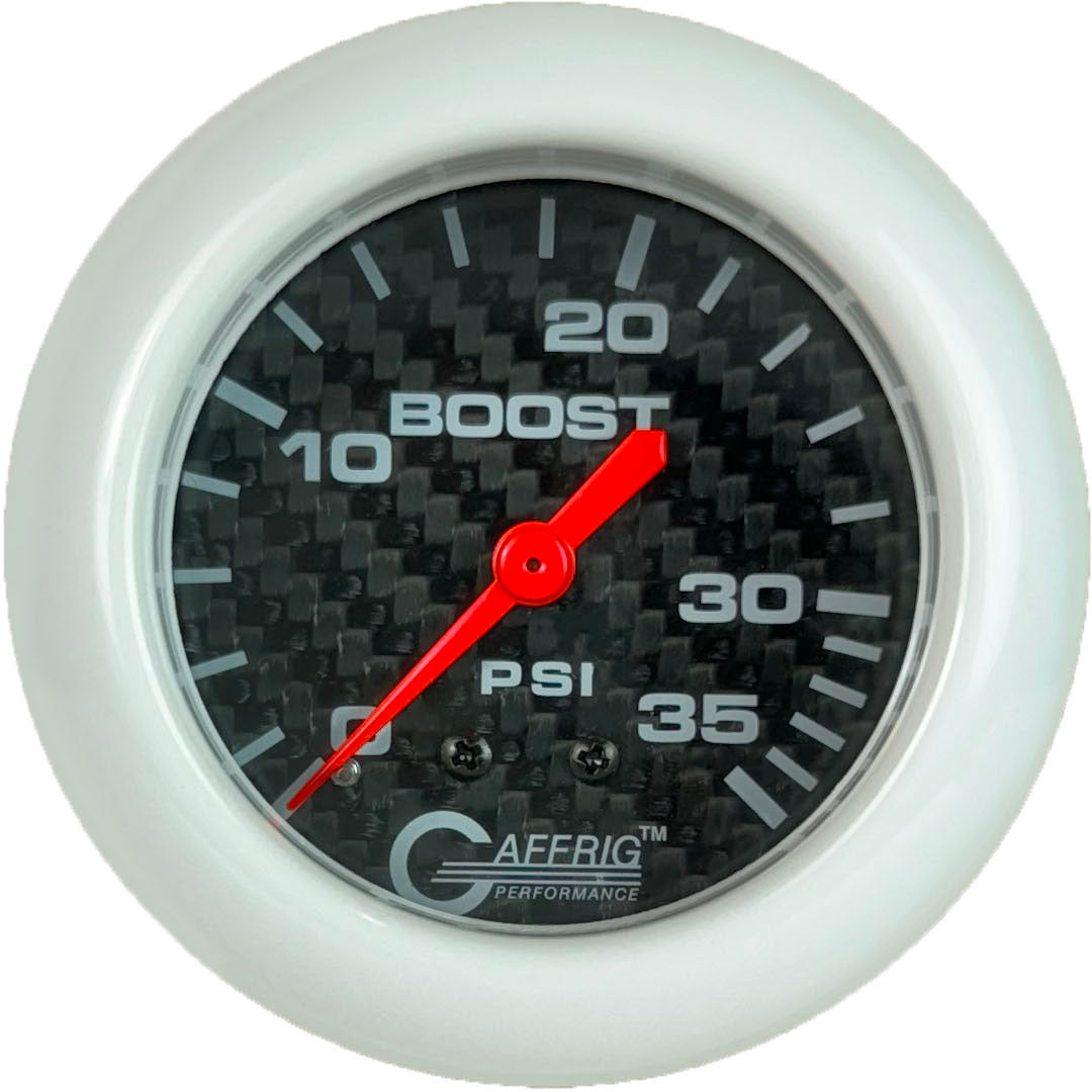 GAFFRIG PART #12010 2 5/8 INCH MECHANICAL BOOST GAUGE 0-35 PSI CARBON FIBER WHITE