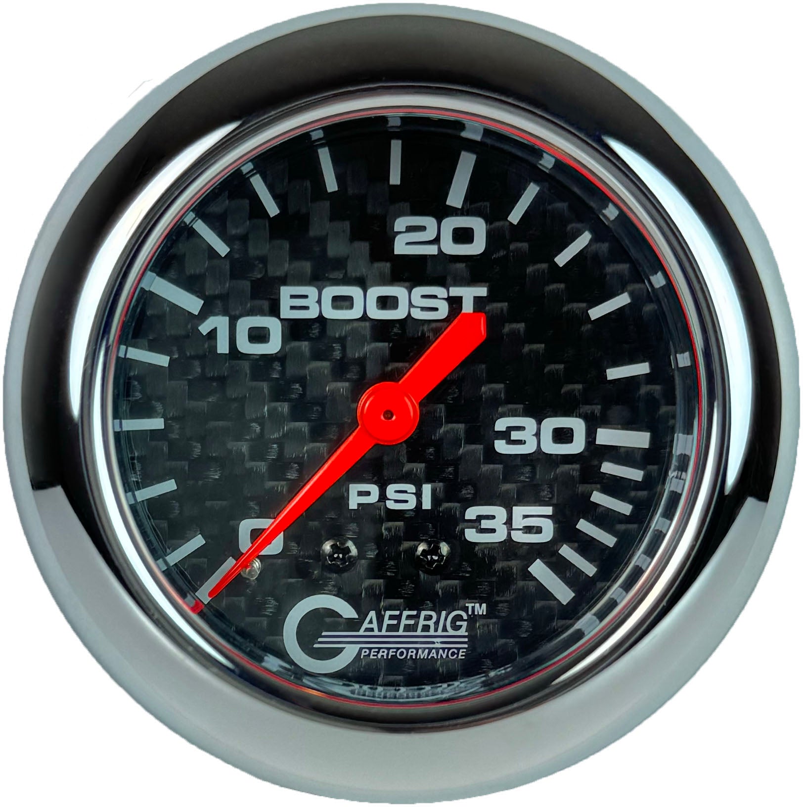 GAFFRIG PART #12010 2 5/8 INCH MECHANICAL BOOST GAUGE 0-35 PSI CARBON FIBER CHROME