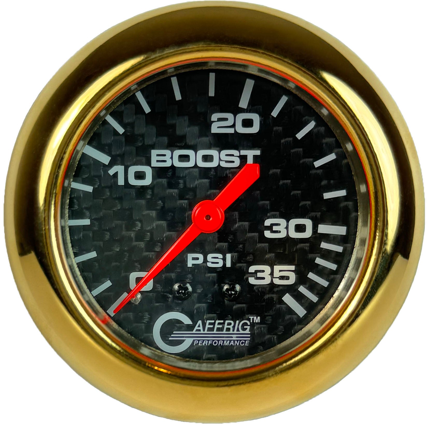 GAFFRIG PART #12010 2 5/8 INCH MECHANICAL BOOST GAUGE 0-35 PSI CARBON FIBER GOLD
