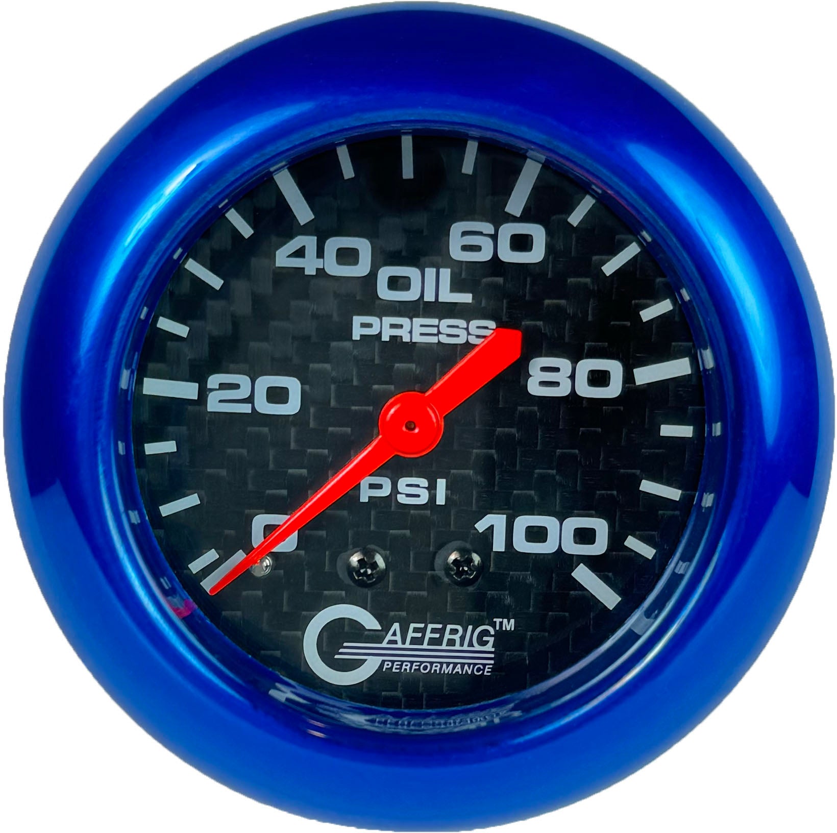 GAFFRIG PART #12011 2 5/8 INCH MECHANICAL OIL PRESSURE 0-100 PSI CARBON FIBER BLUE