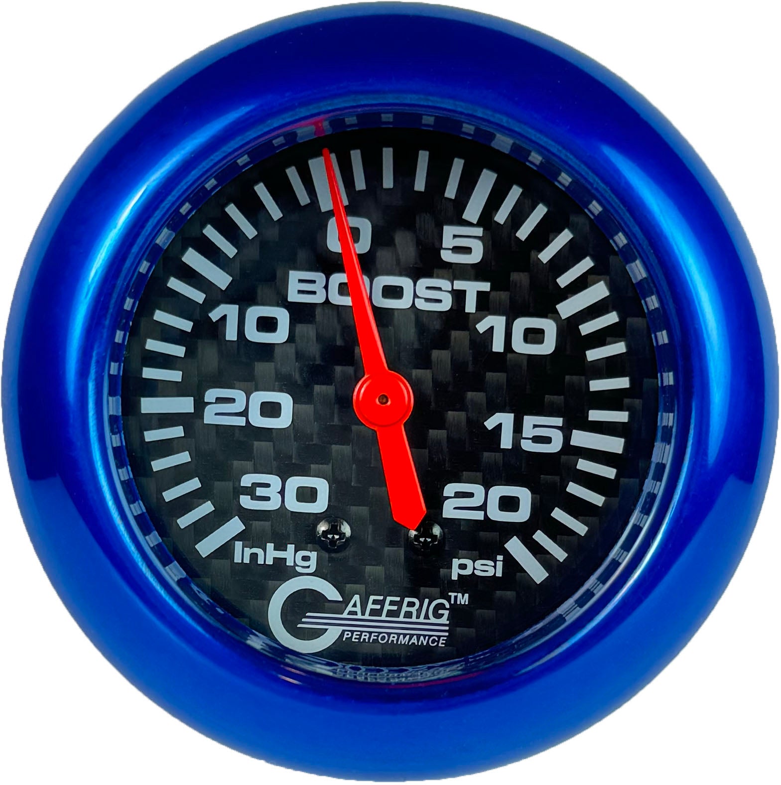 GAFFRIG PART #12012 2 5/8 INCH MECHANICAL VACUUM 0-30 HG/BOOST GAUGE 0-20 PSI CARBON FIBER BLUE